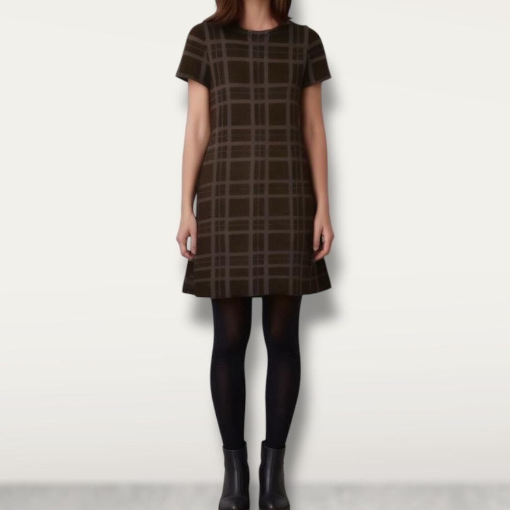 Theory Size S Short Sleeve Windowpane Plaid Sweater Dress Black Blue Academia